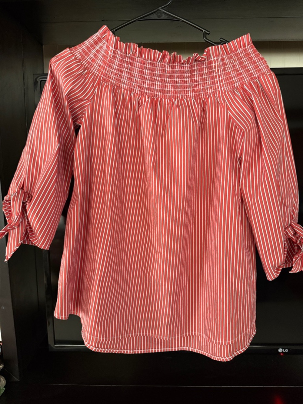 Chico's Red & White Striped Off-Shoulder Blouse